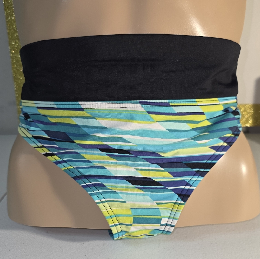 Title Nine Striped Lime, Blue & Black Bikini Bottoms Size M Sporty Flattering